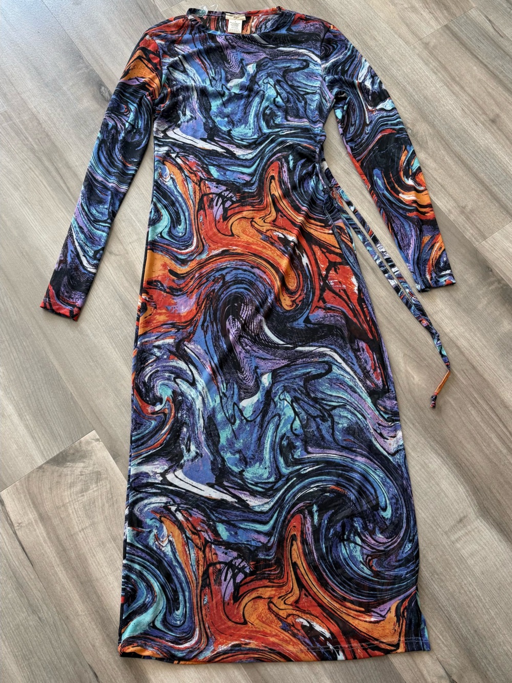 NYC Multicolor Swirl Long Sleeve Maxi Dress - Blue, Orange, Purple